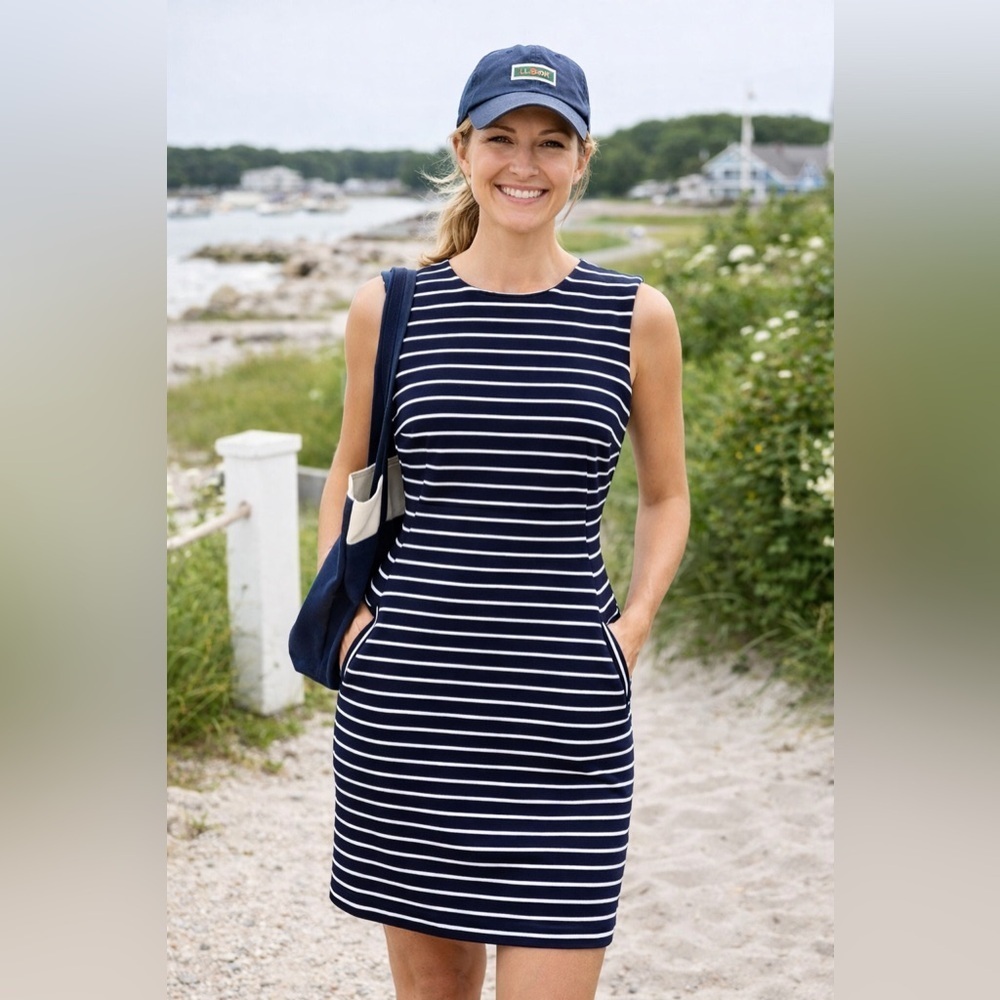 Lands End Sheath Dress Womens Sz 8p Petite Navy Blue White Stripe W/ Pockets